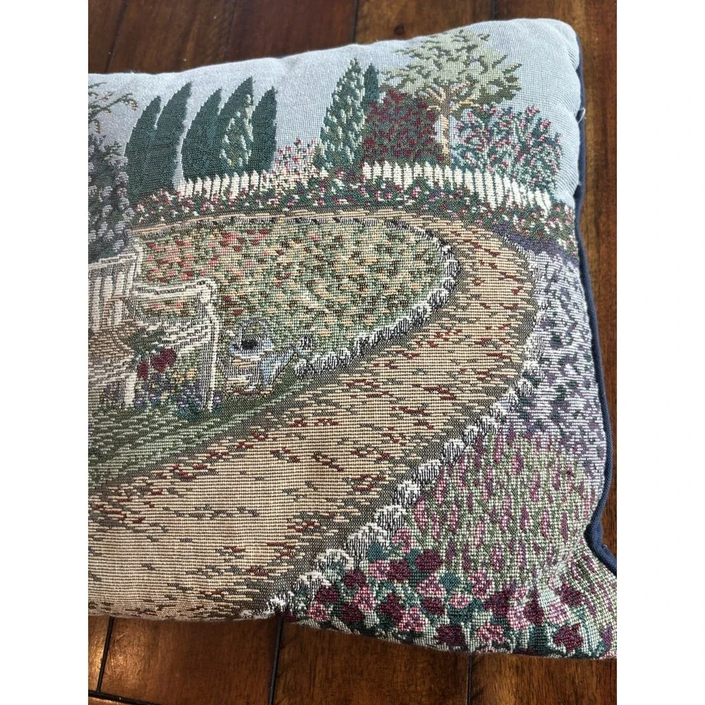 Vintage Lot Of 2 Tapestry Throw Pillow Garden Bench Floral Landscape Cottagecore